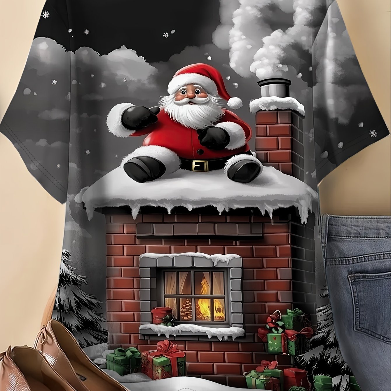TEMU Plus Size, Women's 2d Santa Claus Print T-shirt - Casual Short Sleeve Crew Neck Top, Art Design, Breathable And Comfortable For , Machine