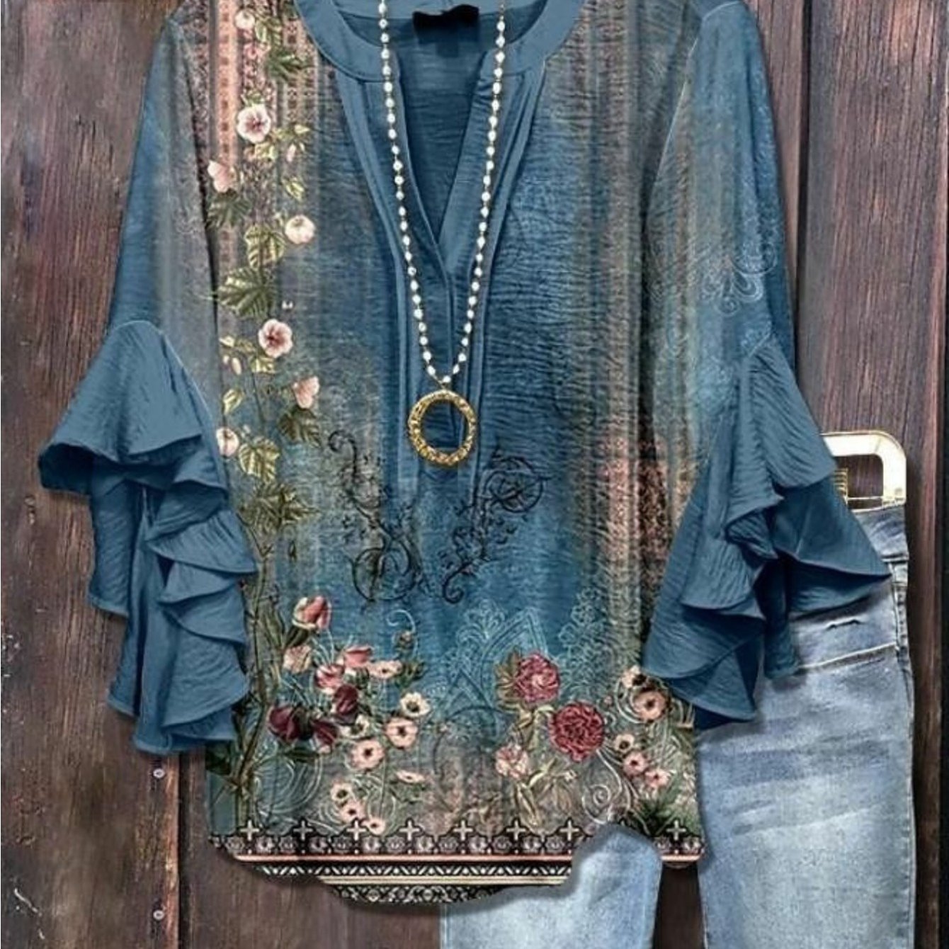 Image of Plus Size - Plus Size - Plus Size Women's Print V-neck Three-quarter Sleeve Shirt, Stylish Vintage Floral Printed Top, Comfortable And Elegant Easy Shirt, Machine Washable