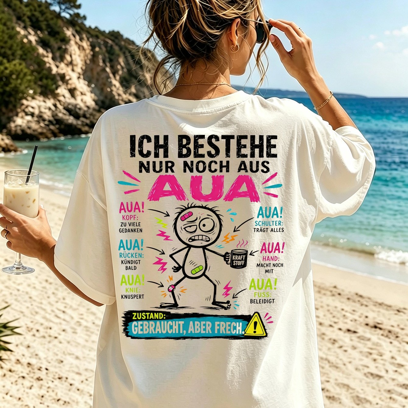 Image of Ich Bestehe Nur Noch Aus Aua Body Cartoon With Colorful Ache And Gebraucht Aber Frech Women's T-shirt Back Print
