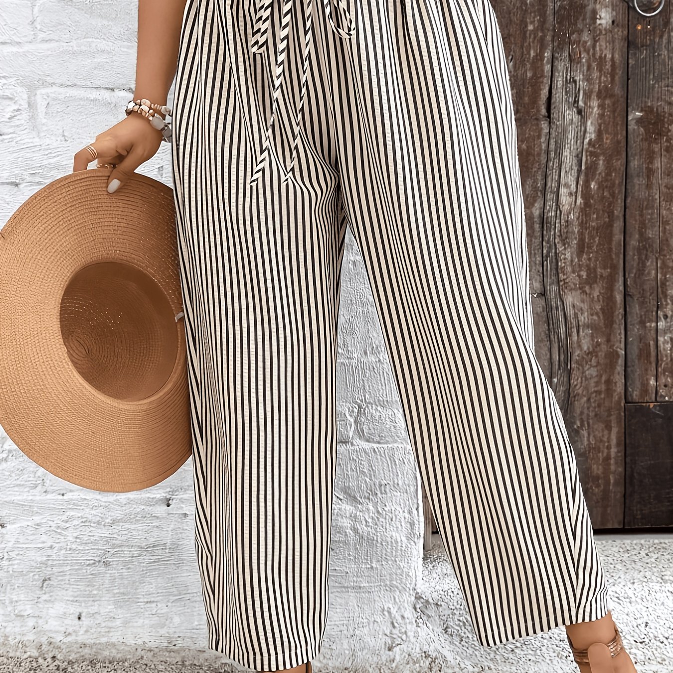 TEMU Plus Size - Plus Size - Women's Plus Size Long Pants, Striped Elegant Fashion, , Elastic Waist