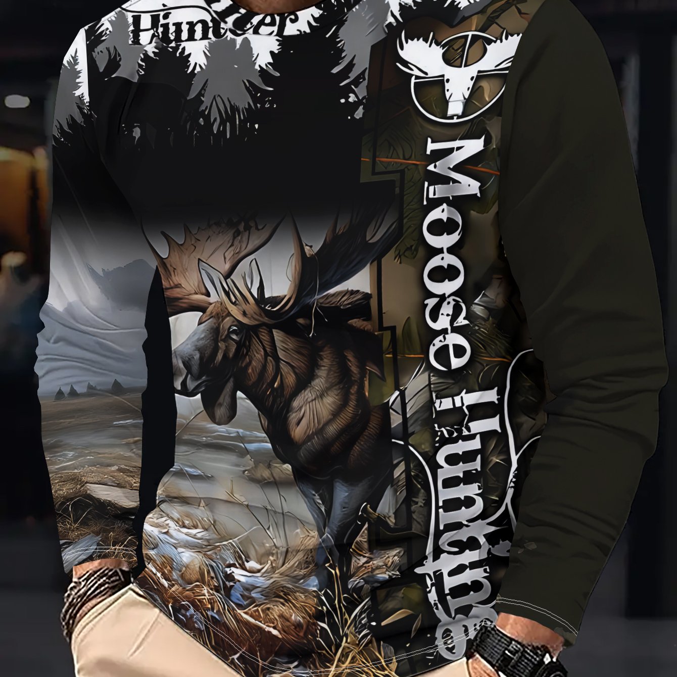 TEMU T-shirt décontracté à manches longues pour homme avec motif graphique sur le thème du d', représentant un , une forêt et une nature sauvage avec