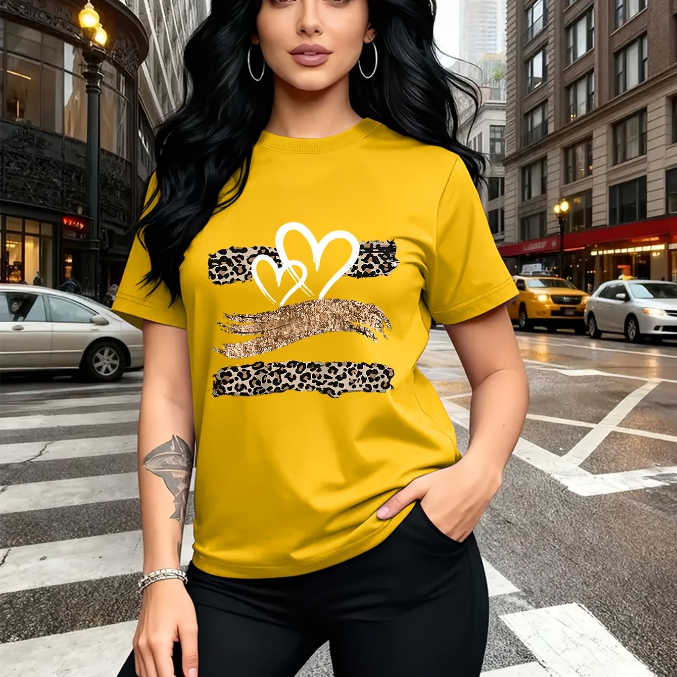 TEMU Leopard Print Heart Glitter-themed Pattern Print, Fashionable Breathable T-shirt, For Family Travel,, Casual S, Daily Commutes, Matching Outfits