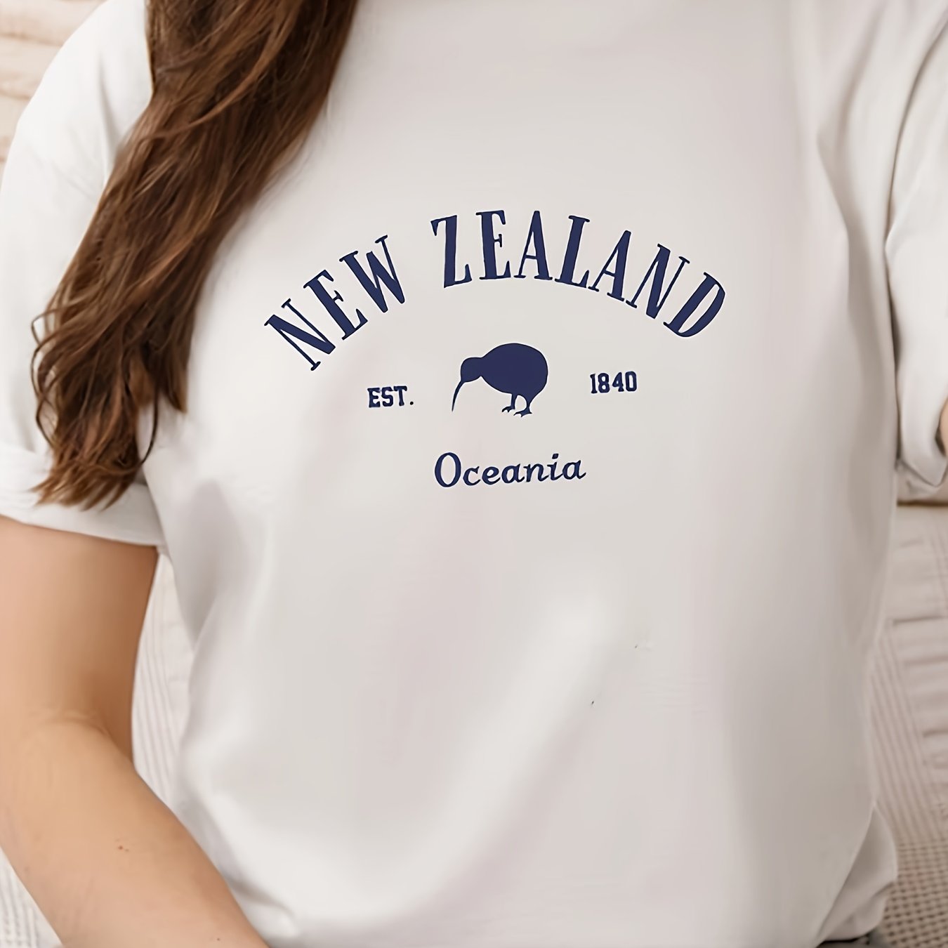 TEMU Creative Minimalist New Zealand Print Design, Comfortable Round Neck Fashion Style, Women's Casual Round Neck Short Sleeve