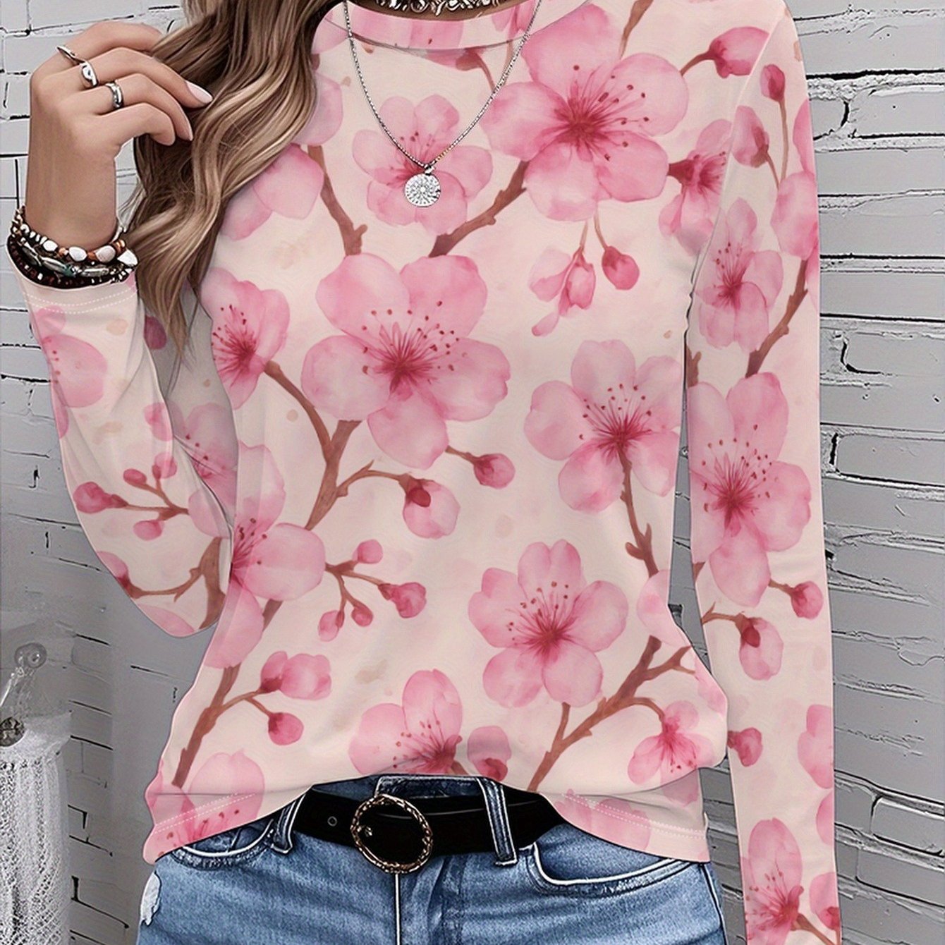 TEMU Women's Pink Cherry Watercolor Blouse - Slim-fit Long Sleeve Round Neck Top With Floral Print, Spring/autumn Casual Elegant Outfits, Machine
