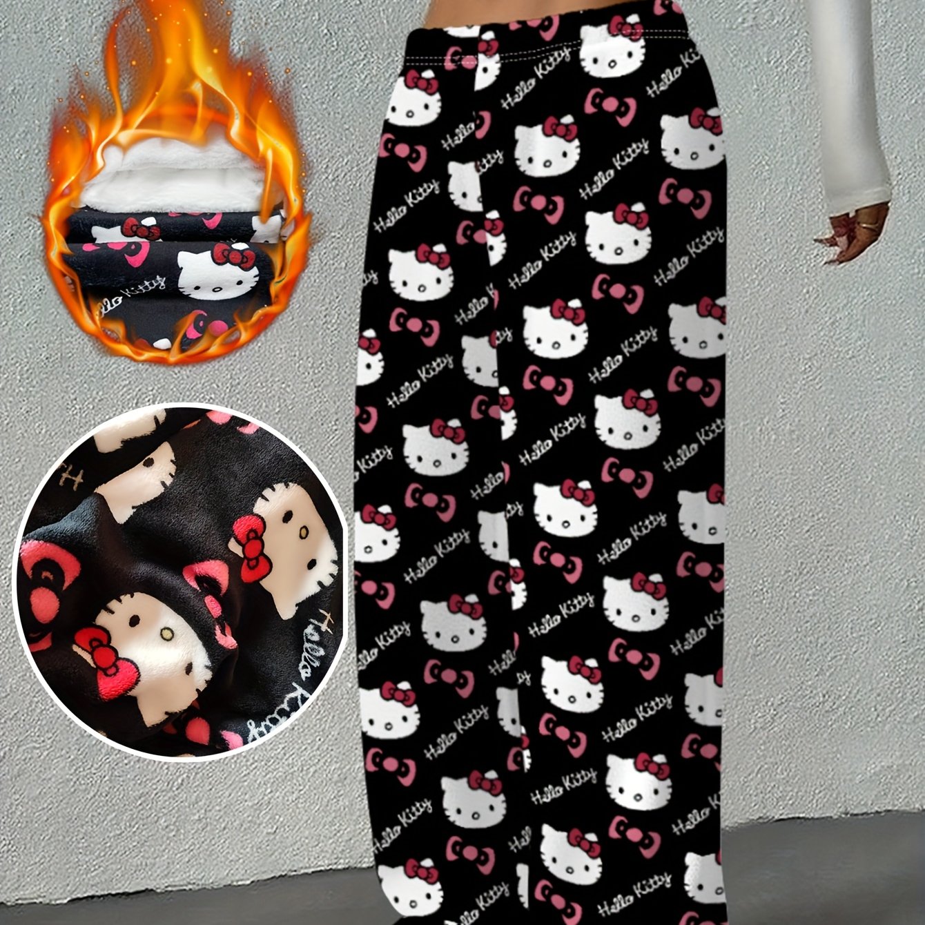 Image of Autumn/winter Hello Kitty Print Black Wide-leg Pants, Loose And Casual Fit For Daily Streetwear, Slimming And Versatile, Cute Cartoon Pants For Home Or Outdoors. Item No.-dd-kz-428, For Teenager