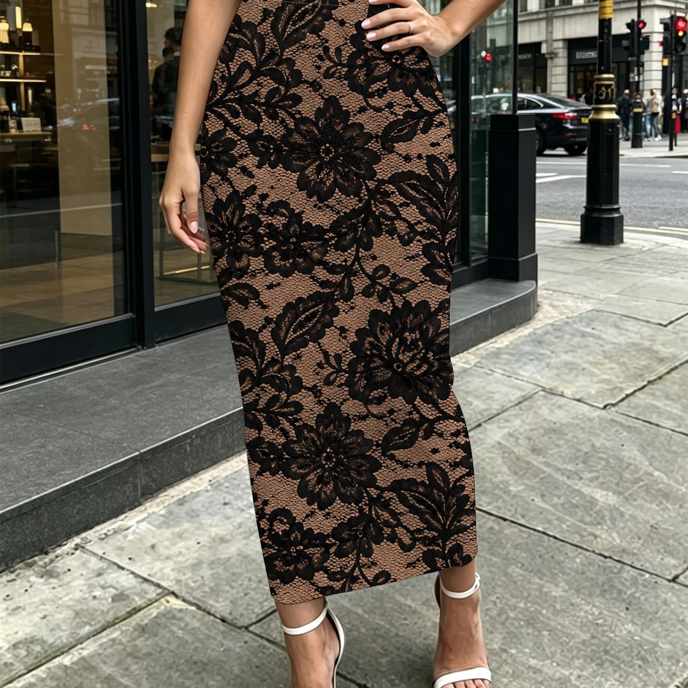 TEMU Black Lace Floral Pattern Women's Printed Medium To Long Tight Fitting Hip Hugging Skirt Living Room Bedroom Street Travel Outdoor Party Casual