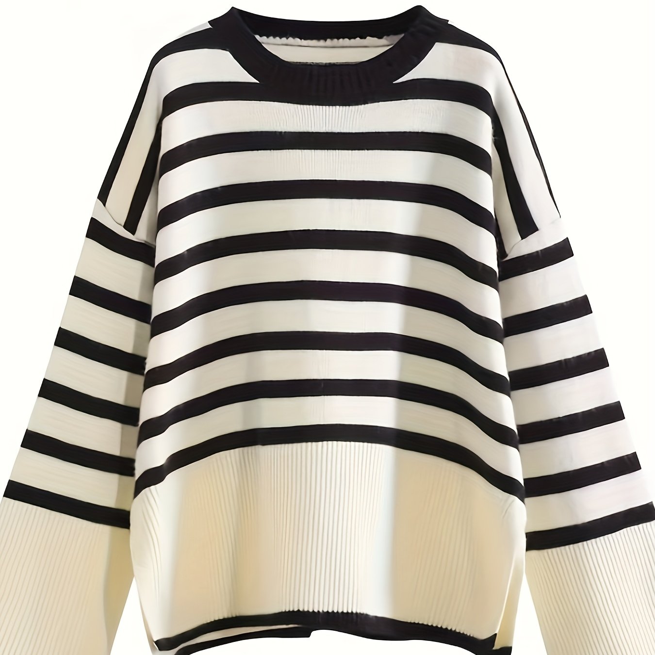 E-shop Lockere, schlaffe Damen-Pullover mit schwarz-weißen Streifen Seitenschlitz für Frühling/Herbst, trendiges Oberteil, gestreifter Vintage-Pullover