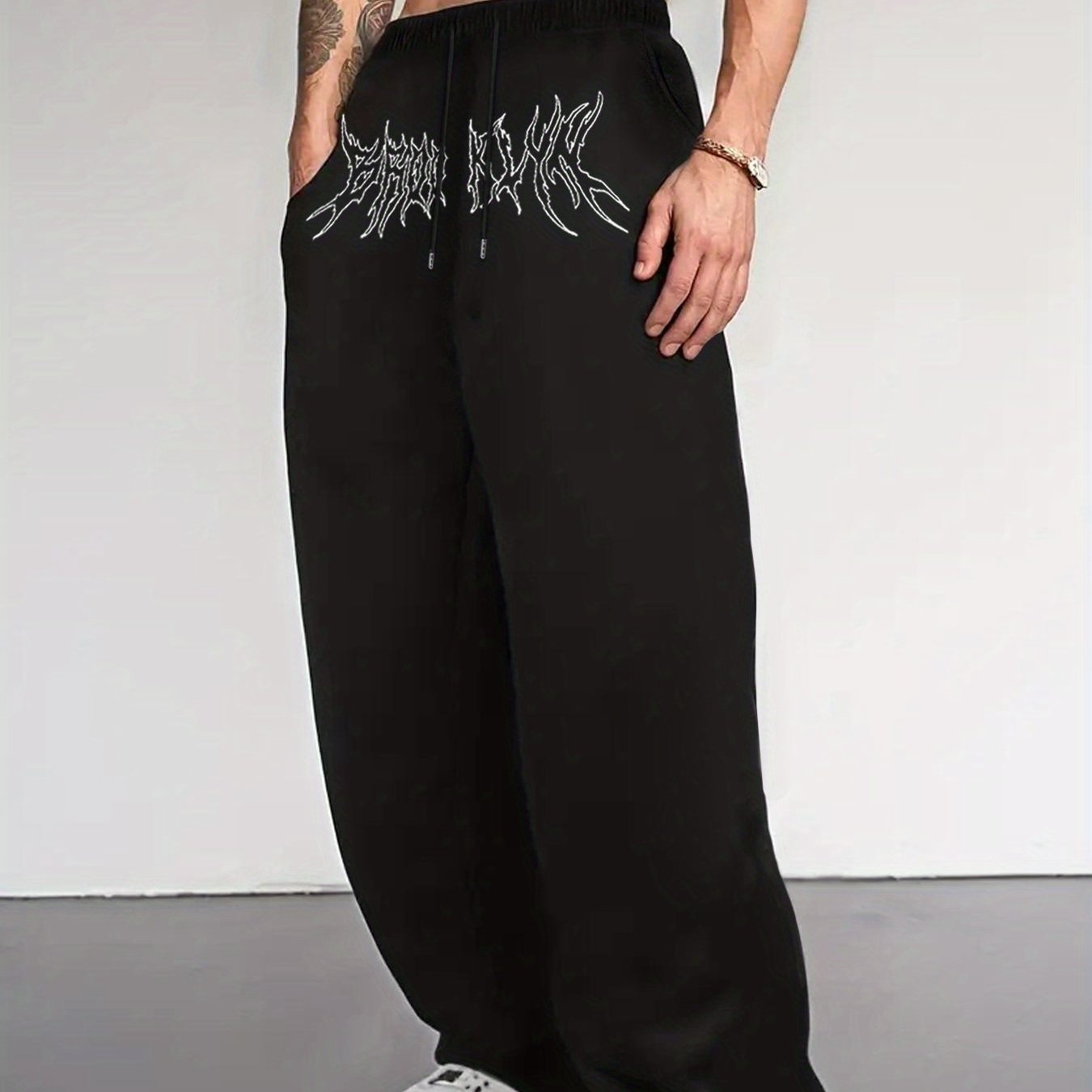TEMU Men's Versatile Unique Dark Crack Letter Drawstring Loose Casual Sports Long Pants, Spring Autumn Men's Outdoor Home Casual Long Pants