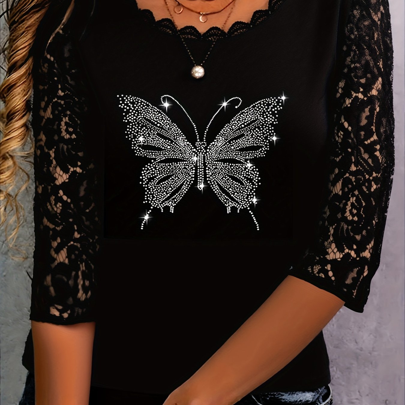 Image of Elegant Women's T-shirt With Lace And Rhinestone Embellishments, Featuring A Trendy V-neck And Design