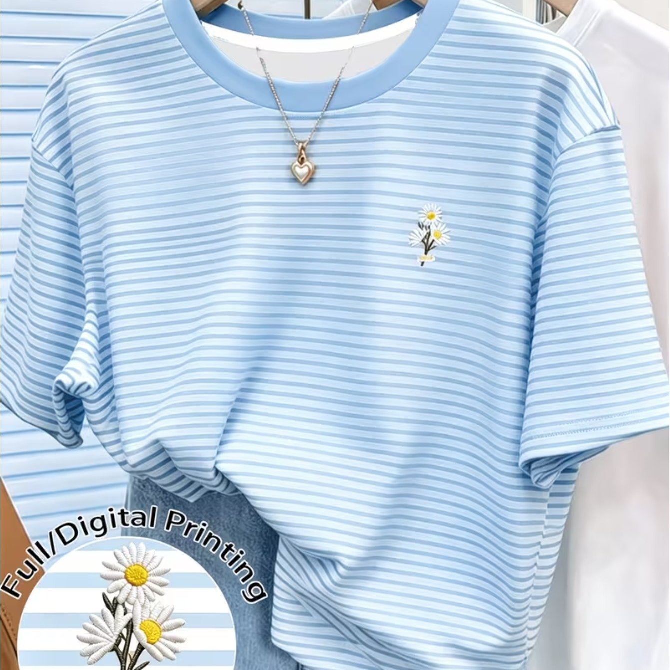 TEMU Light Luxury Minimalist Trendy Women's Round Neck T-shirt With Yellow And White Striped Daisy Print, A Fashionable Outdoor Streetwear Item, A