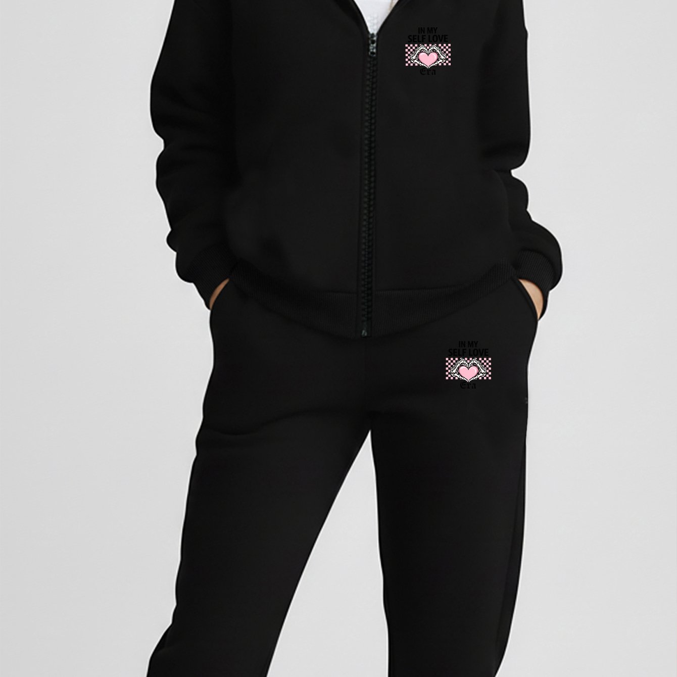 TEMU 2pcs Valentine's Day Themed Women's Sportswear Set With Heart Print Zip-up Sweatshirt And Matching Joggers. -lined For Winter . In And 5 Sizes.
