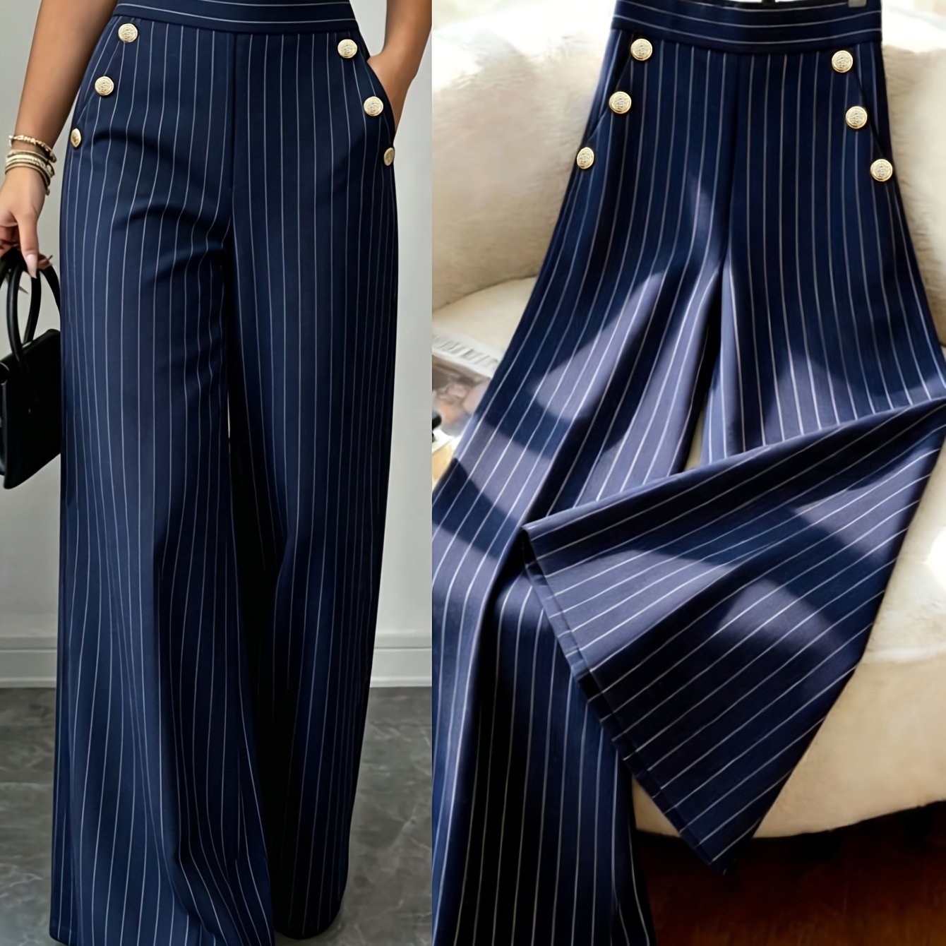 TEMU Pantalon long à jambes larges, décontracté, polyvalent et de créateur, à coupe ample, à rayures, avec ceinture élastique et boucle décorative,