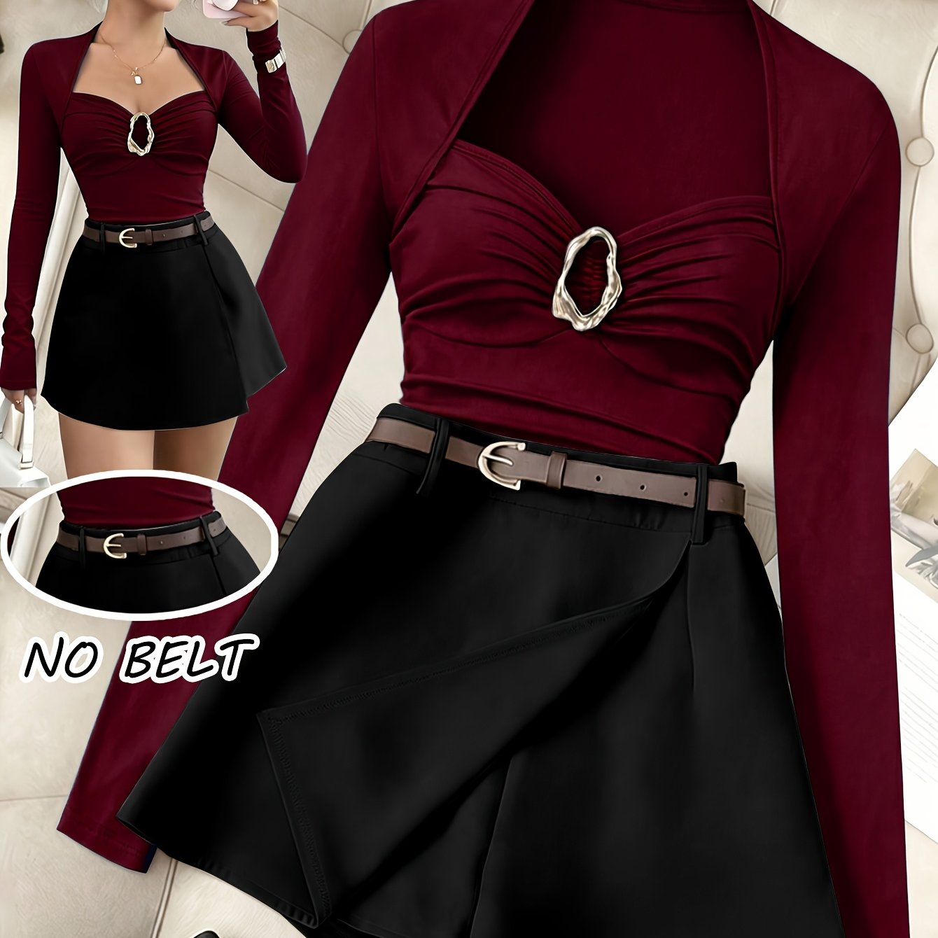 TEMU New Elegant Design Set, Square Neck Bust-contouring Slim Fit Long Sleeve T-shirt And Asymmetrical Tiered Skirt Shorts, Casual Sexy And Versatile