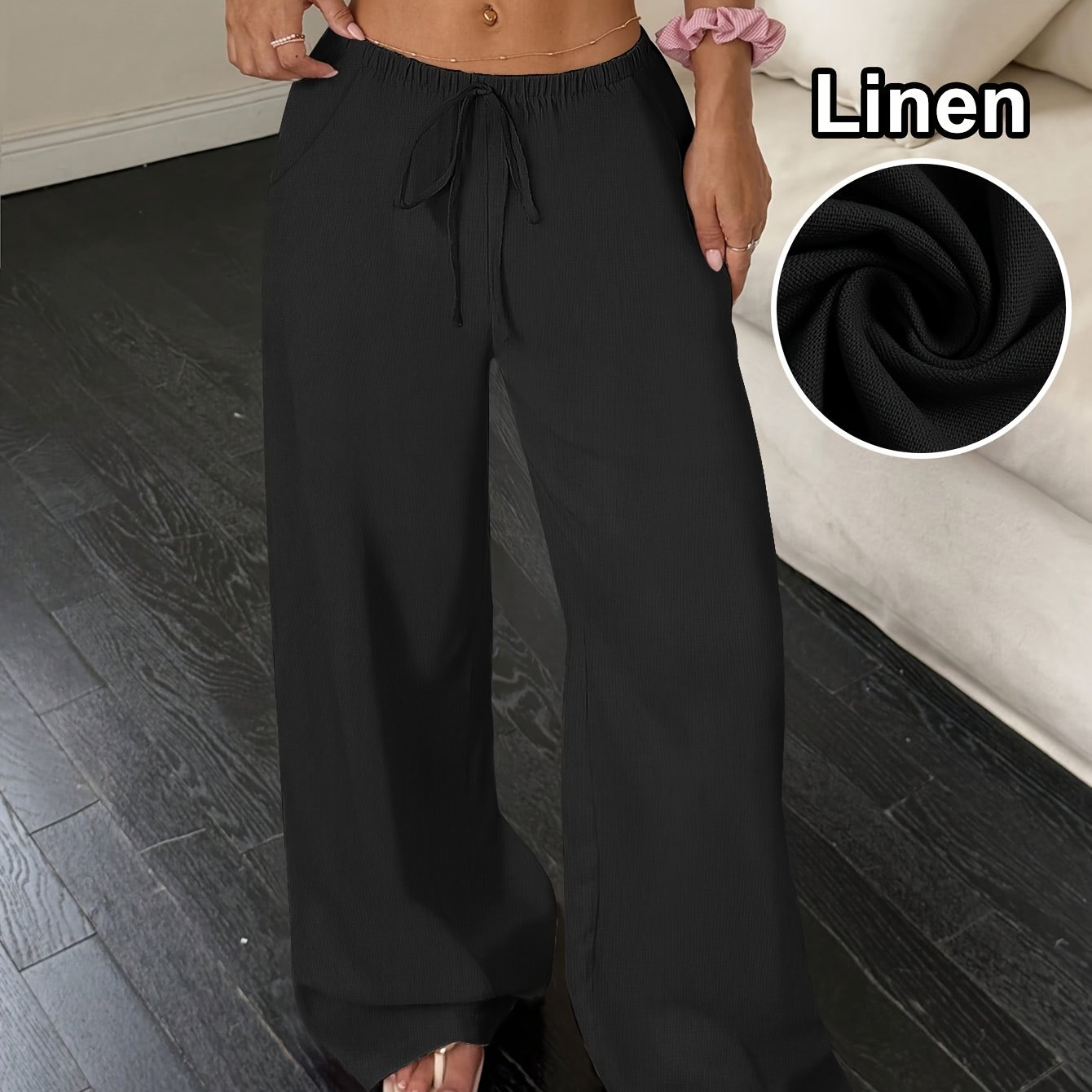 E-shop ZD1019222 Damen-Leinenhose mit weitem Bein, Damen-Leinenhose mit mittlerer Taille