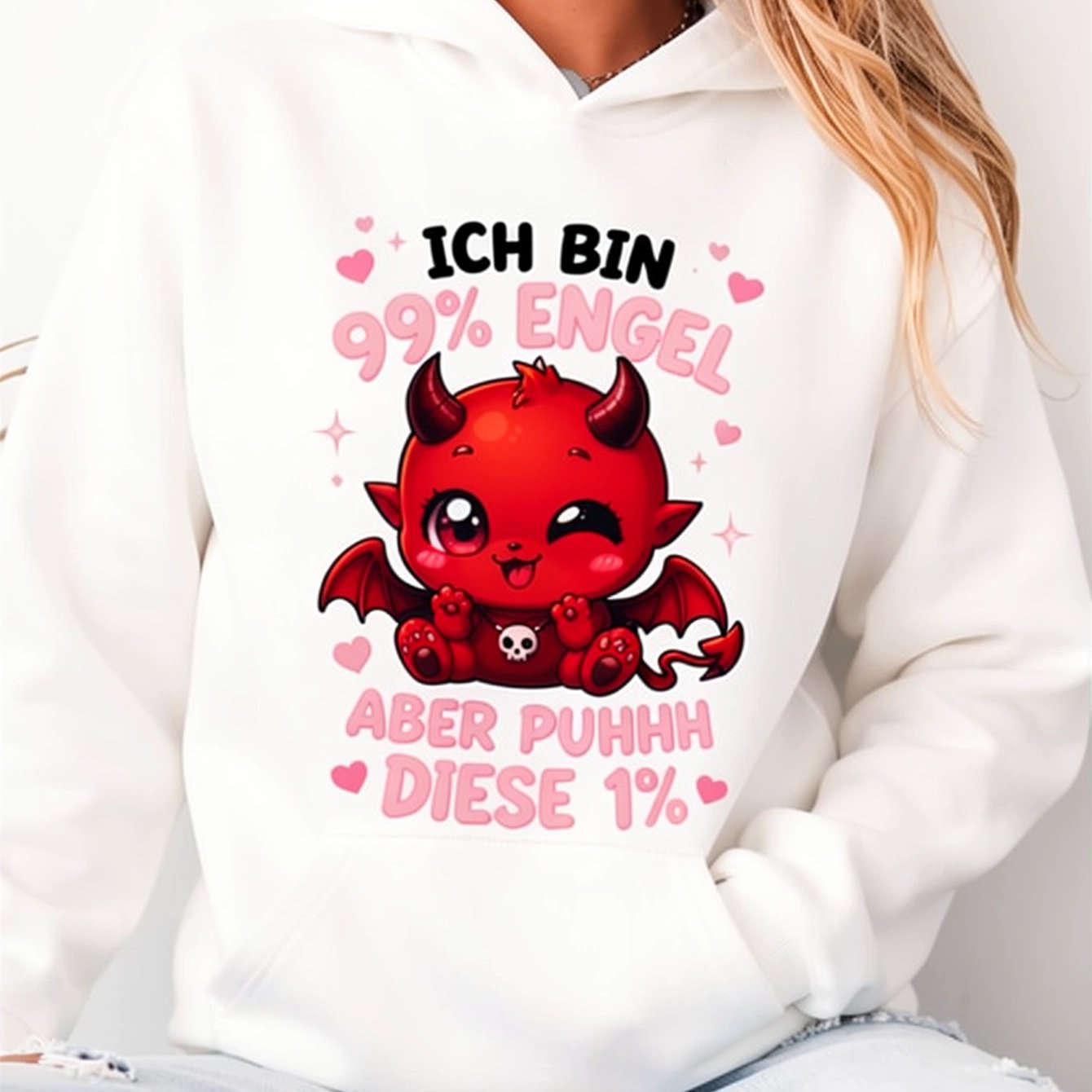 Image of Ich Bin 99% Engel Aber Puhhh Diese 1% Hoodie, Women's Graphic Hooded Sweatshirt, Long Sleeve Pullover, Relaxed Fit Casual Gothic Streetwear For Fall Winter, Daily Wear And , Warm