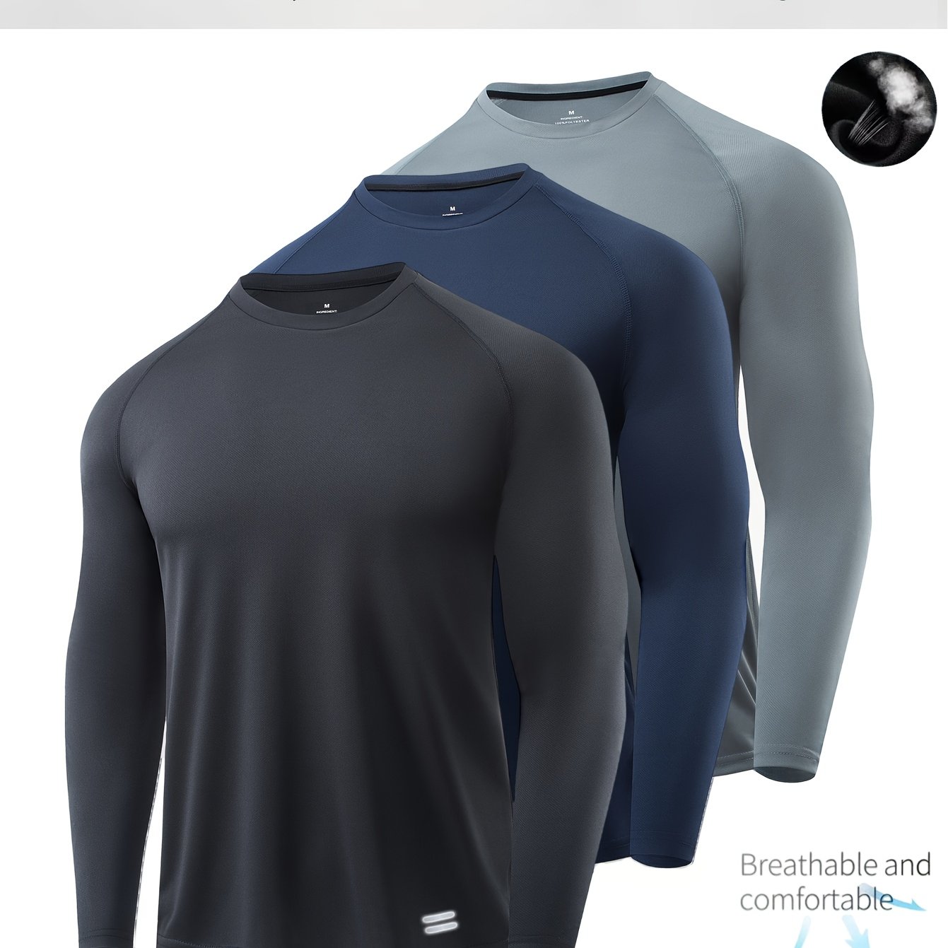 TEMU 3pcs Men's Sports Tops, Solid- Long-sleeved Round-neck, Casual, Comfortable, Breathable And Quick-drying Clothes - Suitable For Daily Exercise,