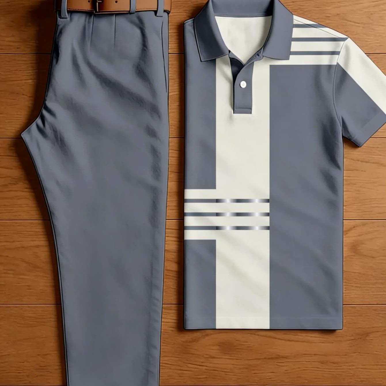 Image of Men's 2pcs Outfit Set, Grey White Block Vertical Line Color Block + Solid Grey Straight Dress Pants, Minimal Office Gentleman 2pcs Matching Suit