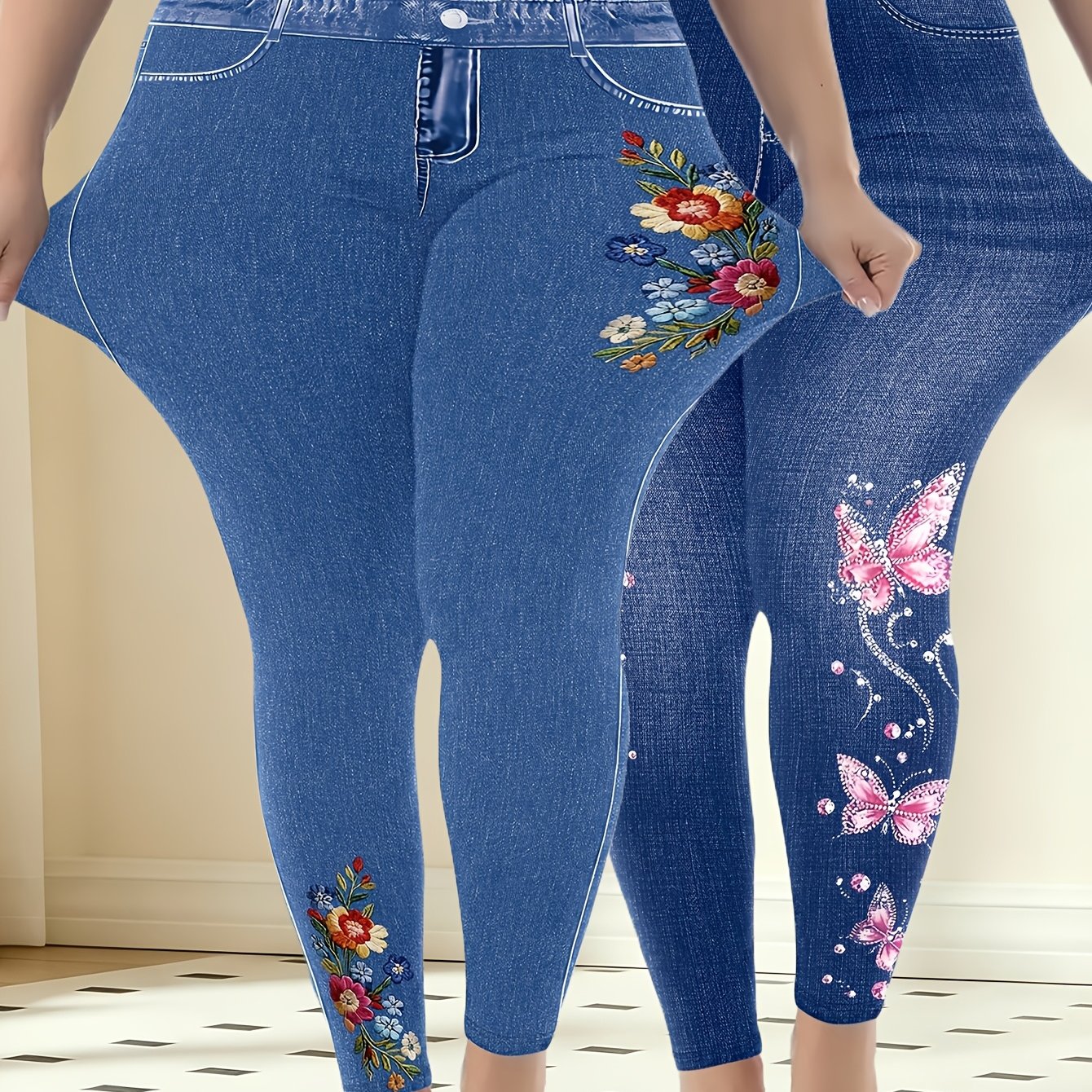 TEMU Tallas grandes, 2 piezas de pantalones de capa base elásticos de de mezclilla estampados para mujer - Mallas opacas con estampado , pantalones