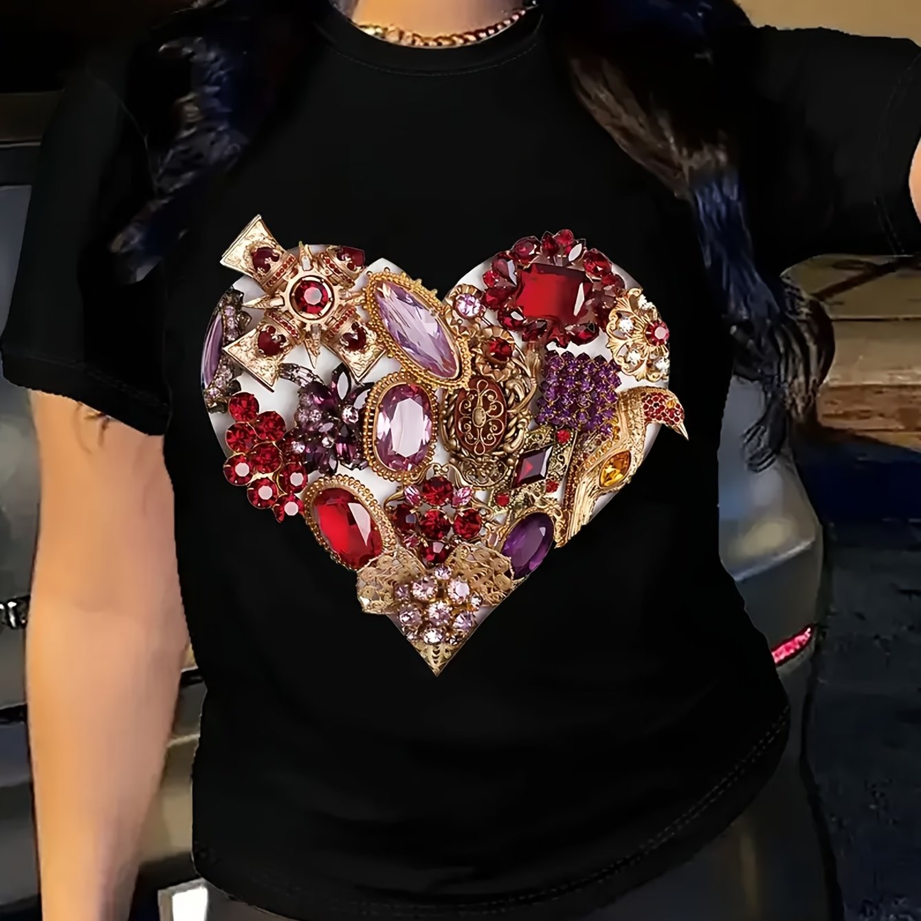TEMU Women's Summer Casual T-shirt Featuring A Heart-shaped Design With Rhinestones, Made Of 100%, With A Breathable Fabric Suitable For Spring And