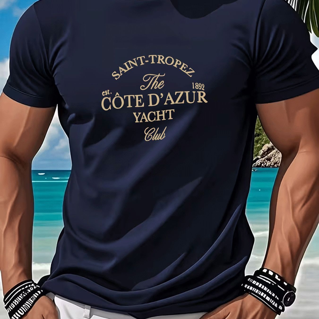 TEMU Crew Neck Men's Fashion Casual Trendy Saint-tropez Cote D' Yacht Club 1892 Est Letter Graphic T-shirt Men's Wear For Adults Men Holiday Gift