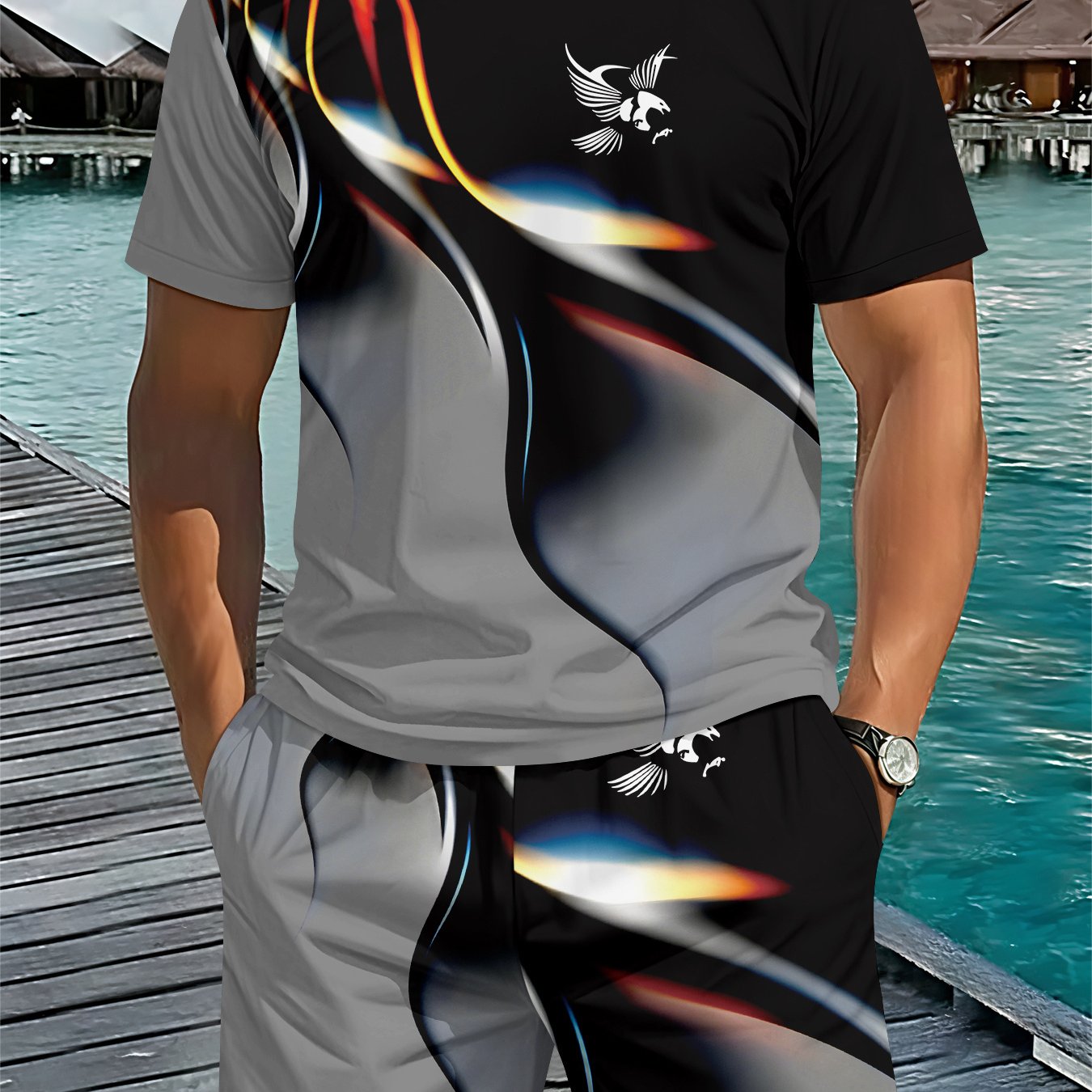TEMU Men's Plus Size Summer Casual Sportswear Set, Men's Crew Neck Short Sleeve Set With Black-gray Gradient Design, Casual 2pcs Set To Create A