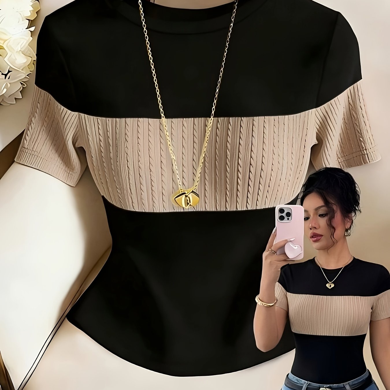 TEMU Women's Color- Round-neck Slim-fit Short-sleeve T-shirt, A Summer Spliced Cropped Top Suitable For Commuting, Office Wear, Daily , Short Trips,