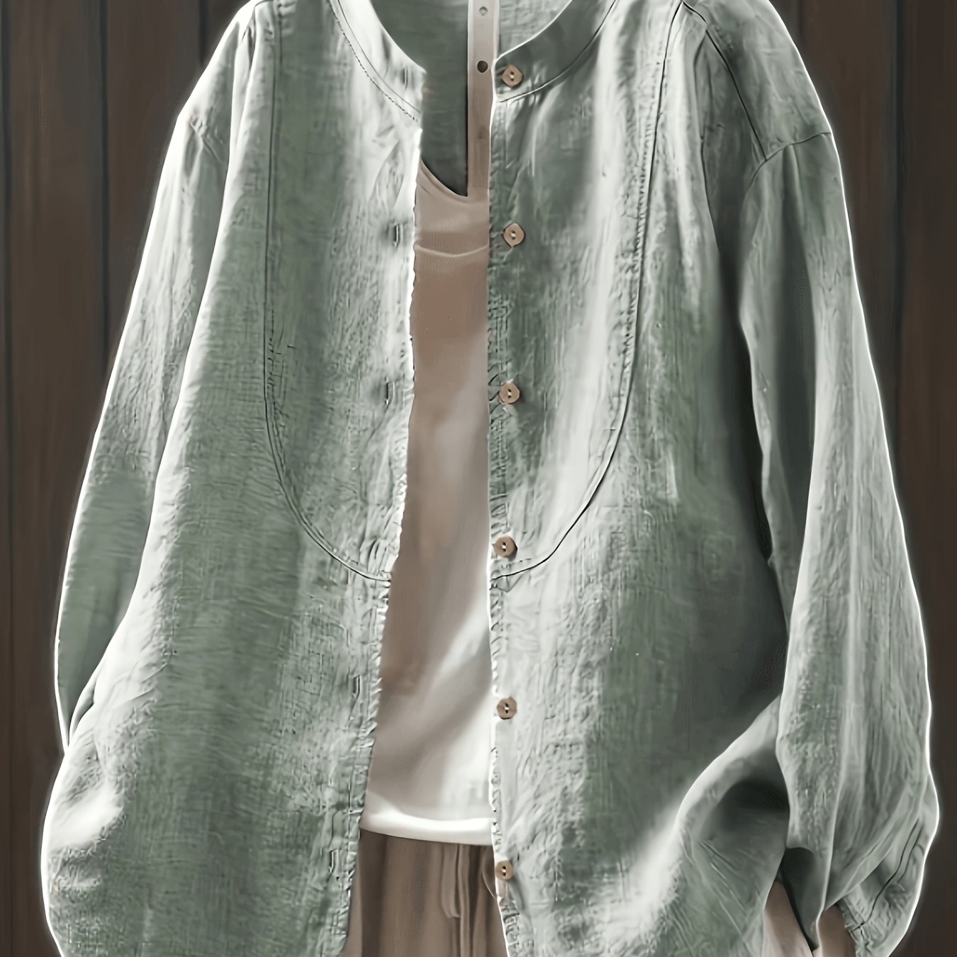 TEMU Spring And Autumn Vintage Casual Stand Collar Shirt, Loose Fit Single-breasted Cardigan, Fresh Solid Color Lightweight Comfortable Breathable