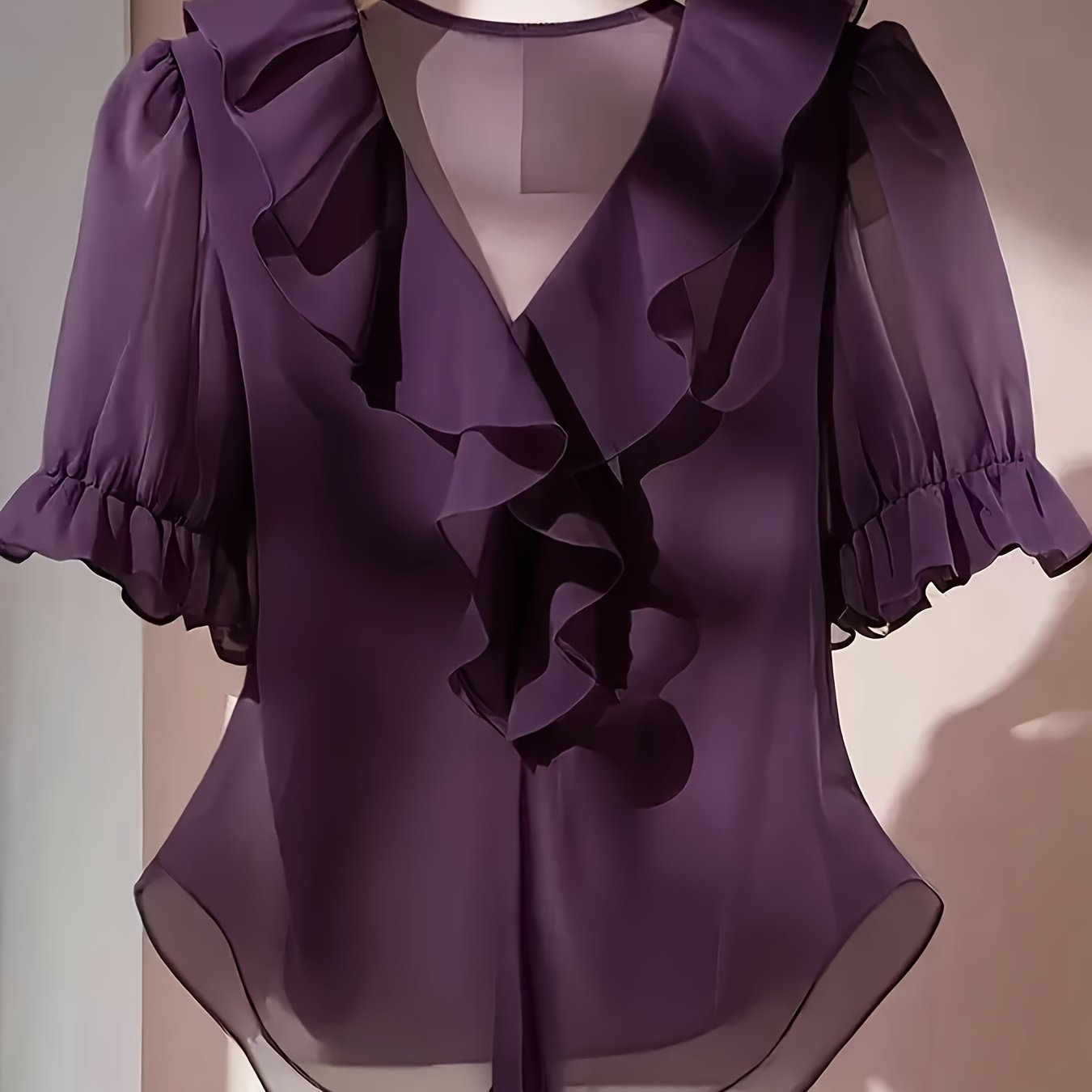 TEMU Franklia's V-neck Pleated Decorative Puff Sleeve Casual Top, Stylish And Trendy