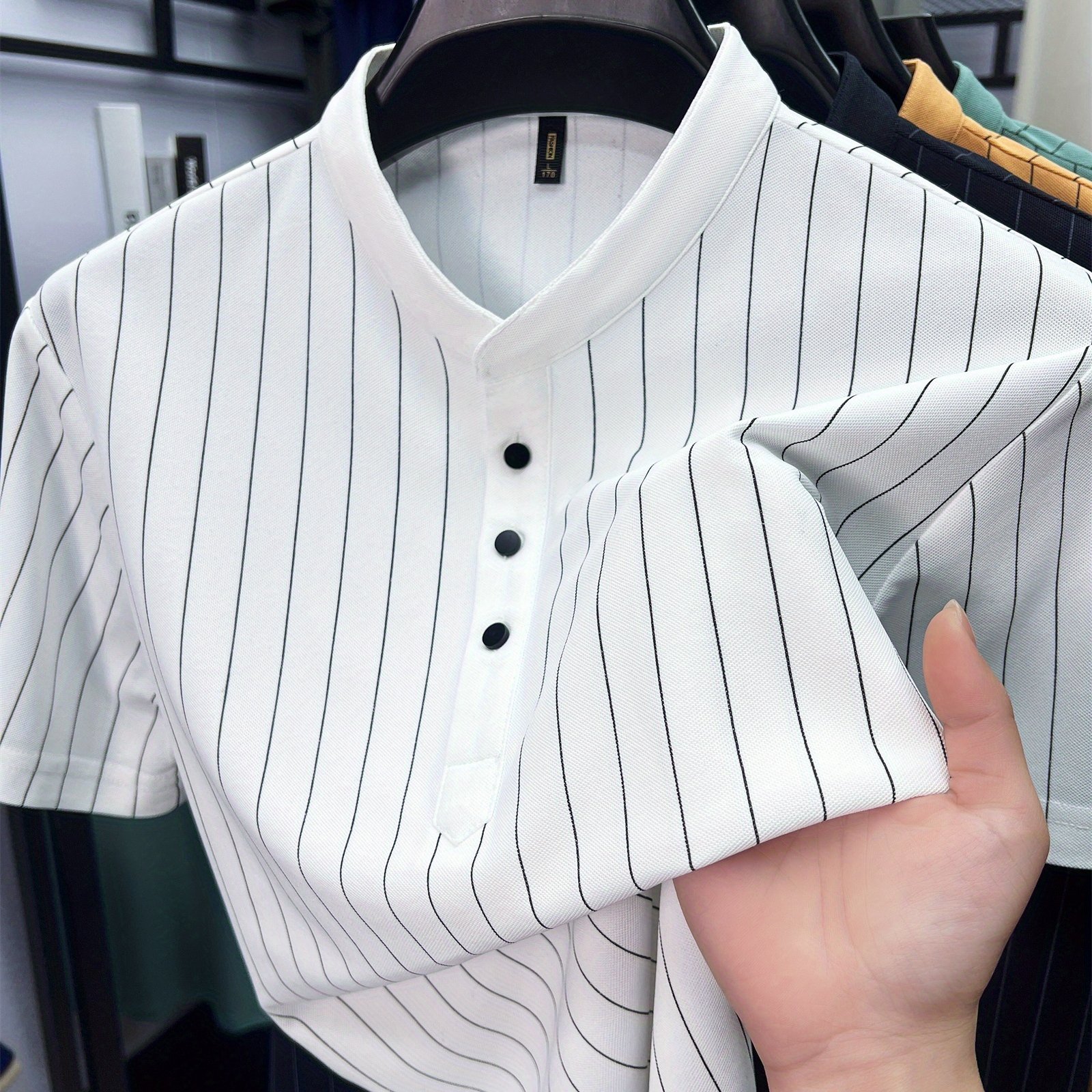 Image of Carterma Crrtmaro Short-sleeved Men's Summer New Lapel Fashion Slim Casual Collar Quick-drying Striped Middle-aged And Young T-shirt Jinpai Clothing-1701