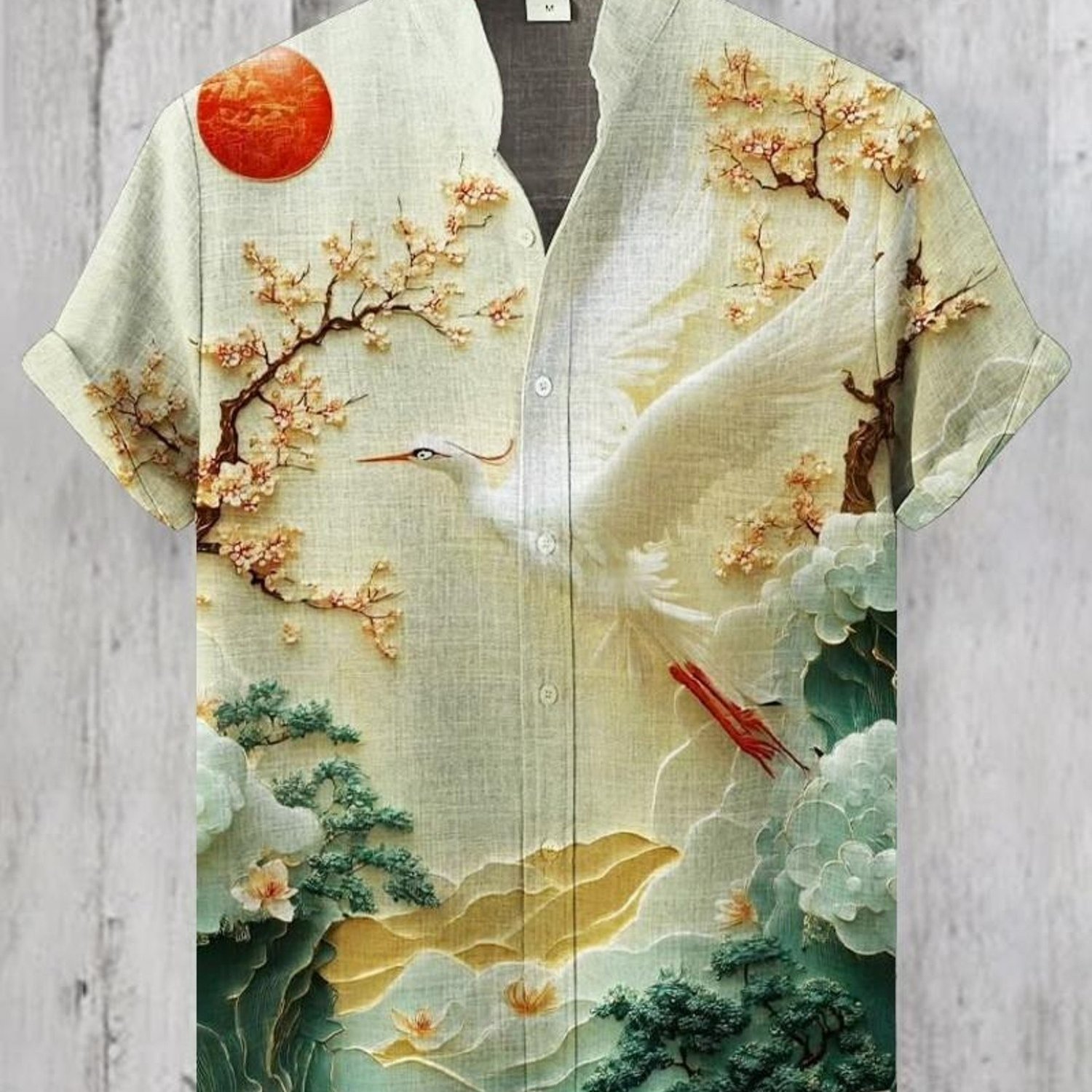 Image of Men's Collar Pocket Shirt, Digital Printed Cherry Crane Pattern, Short-sleeved Casual Daily Wear, Polyester Fiber, Mixed Colors, Multiple Specifications , Light-colored Base, Front, Display