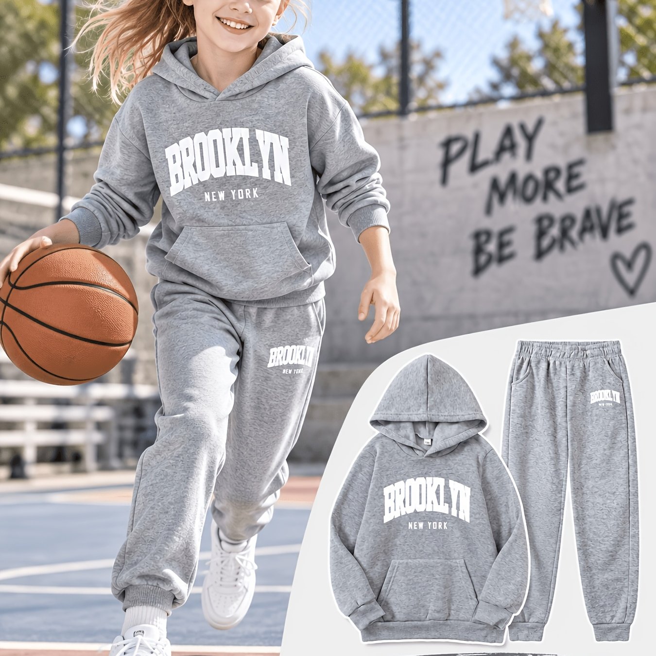 Image of Brooklyn " Girls' Fall/ Letter Sport Hooded Sweatshirt + Jogger Pants Set, 2pcs, Perfect For Outdoor