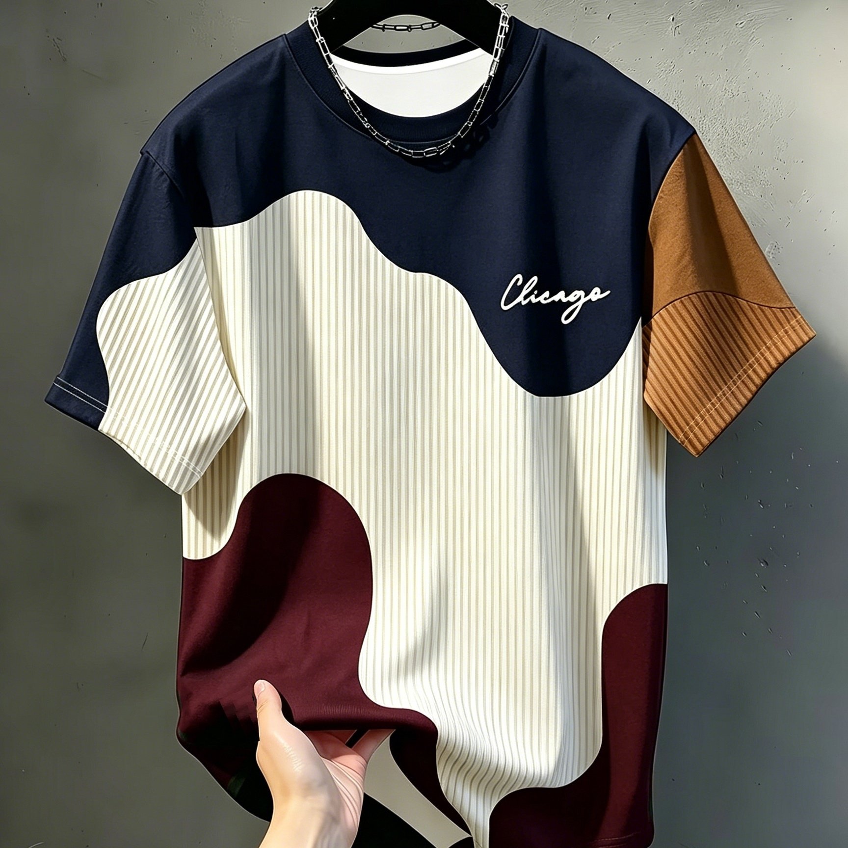 TEMU Men's Casual Round Neck T-shirt, Geometric Pattern Striped Design, "chicago" Word Pattern, Drapey Fashion Top, Wear, Breathable Regular Fit For