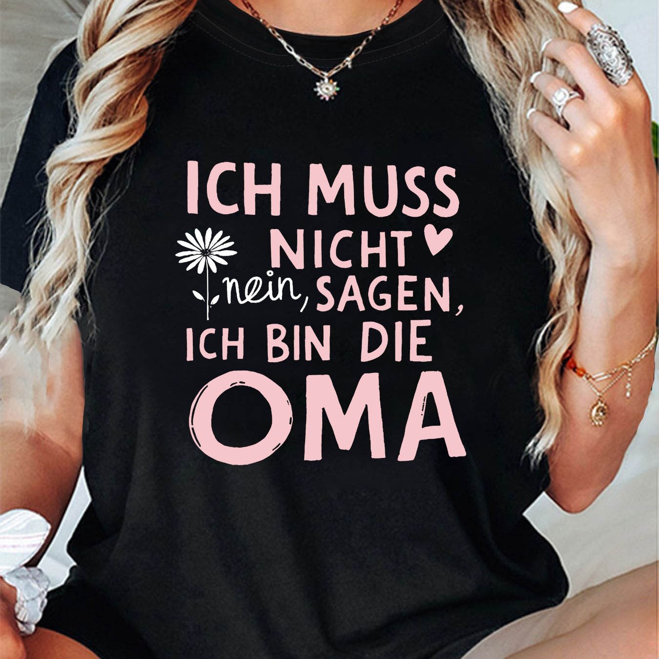 Image of Plus Size, Ich Muss Nicht Nein Sagen Ich Bin Die Oma Letter Print Plus Size Women's T-shirt, Short Sleeve Crew Neck Casual Top For Summer & Spring, Women's Clothing