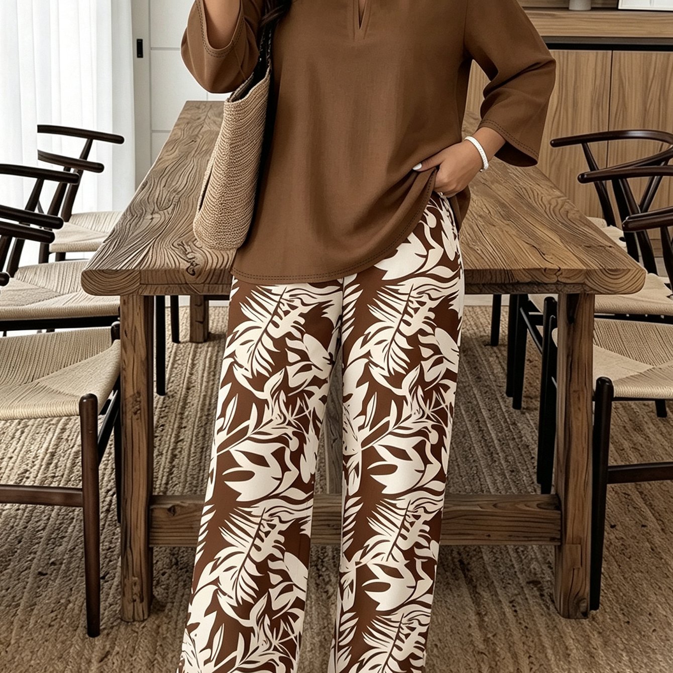 Image of 2pcs Set, Plus Size Women's Plant Print Plus Size Set, Split V-neck Long Sleeved Top+loose Wide Leg Pants Bohemian Casual Set, Plus Size Pants Set, Plus Size Set