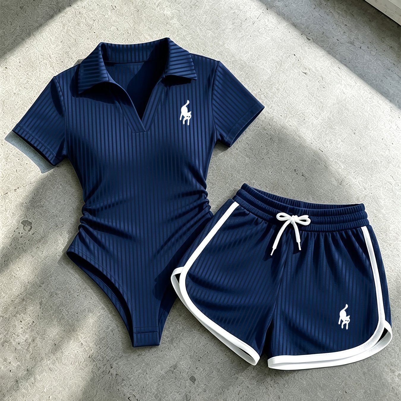 TEMU Casual And Elegant Women's Clothing, Outfit, Solid Color V-neck Short-sleeve Bodysuit & Drawstring Fitted Shorts With Embroidery And Contrasting