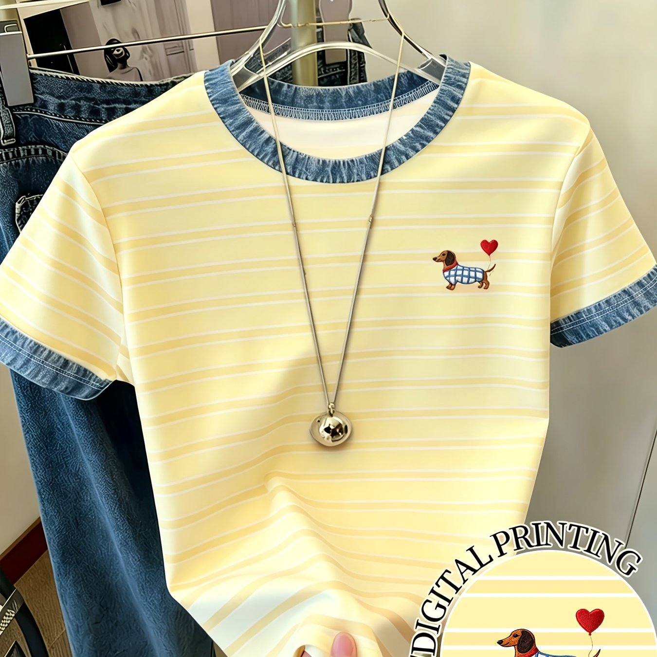 TEMU Women's Striped Printed Crew Neck Short Sleeve T-shirt, Casual Comfortable Versatile