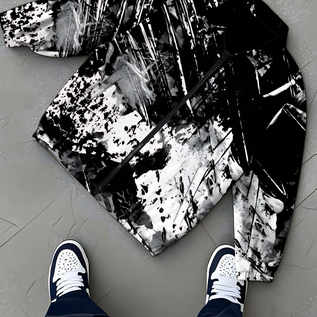 TEMU 's Lapel Jacket Outerwear, Casual Men's Jacket Top In Black And White Abstract Graffiti Style, Trendy Outdoor Men's Jacket, Loose And