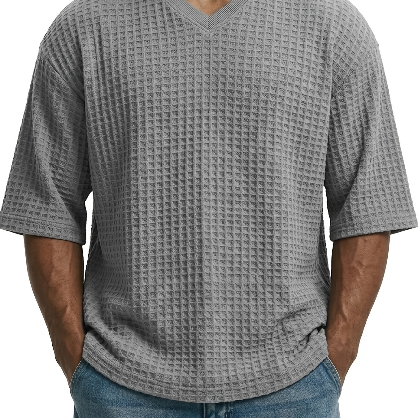Image of Men's Waffle Knit V-neck Half Sleeve T-shirt Oversized Casual Loose Fit Breathable Summer Tee For Daily Wear Solid Color Men Top Tshirts