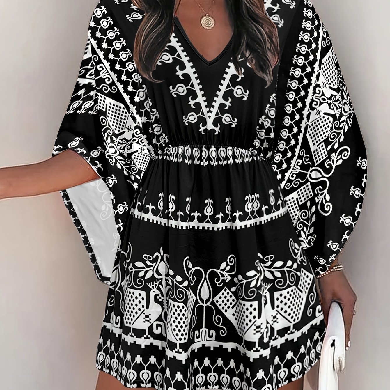 Image of Spring/summer Ethnic Style Flared Sleeve Loose-'s Elastic Waist Design For Daily Casual And Vacation Wear