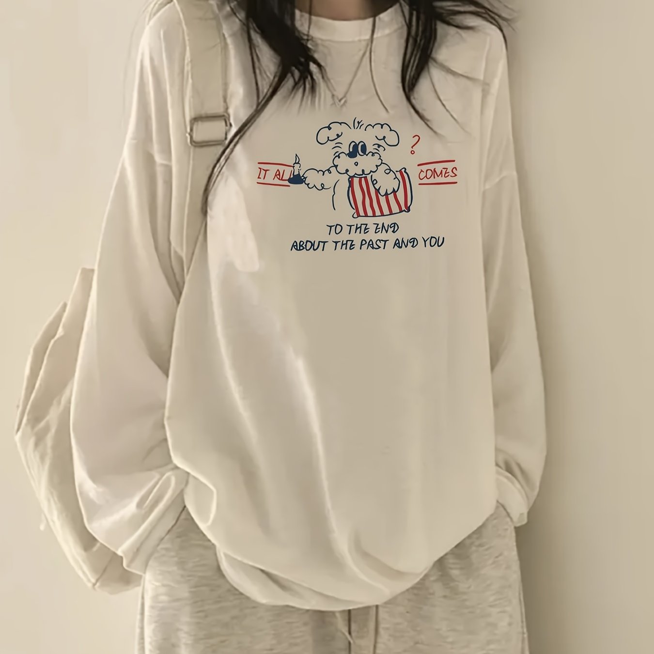 TEMU 여성용 오버사이즈 긴팔 티셔츠, 귀여운 곰 & "과거와 너만이 중요하다" 프린트 - 부드럽고 통기성 좋은 라운드넥 호환 상의, 루즈핏 캐주얼 셔츠, 봄/가을 레이어링용, 기계 세탁 가능한 캐주얼 의류