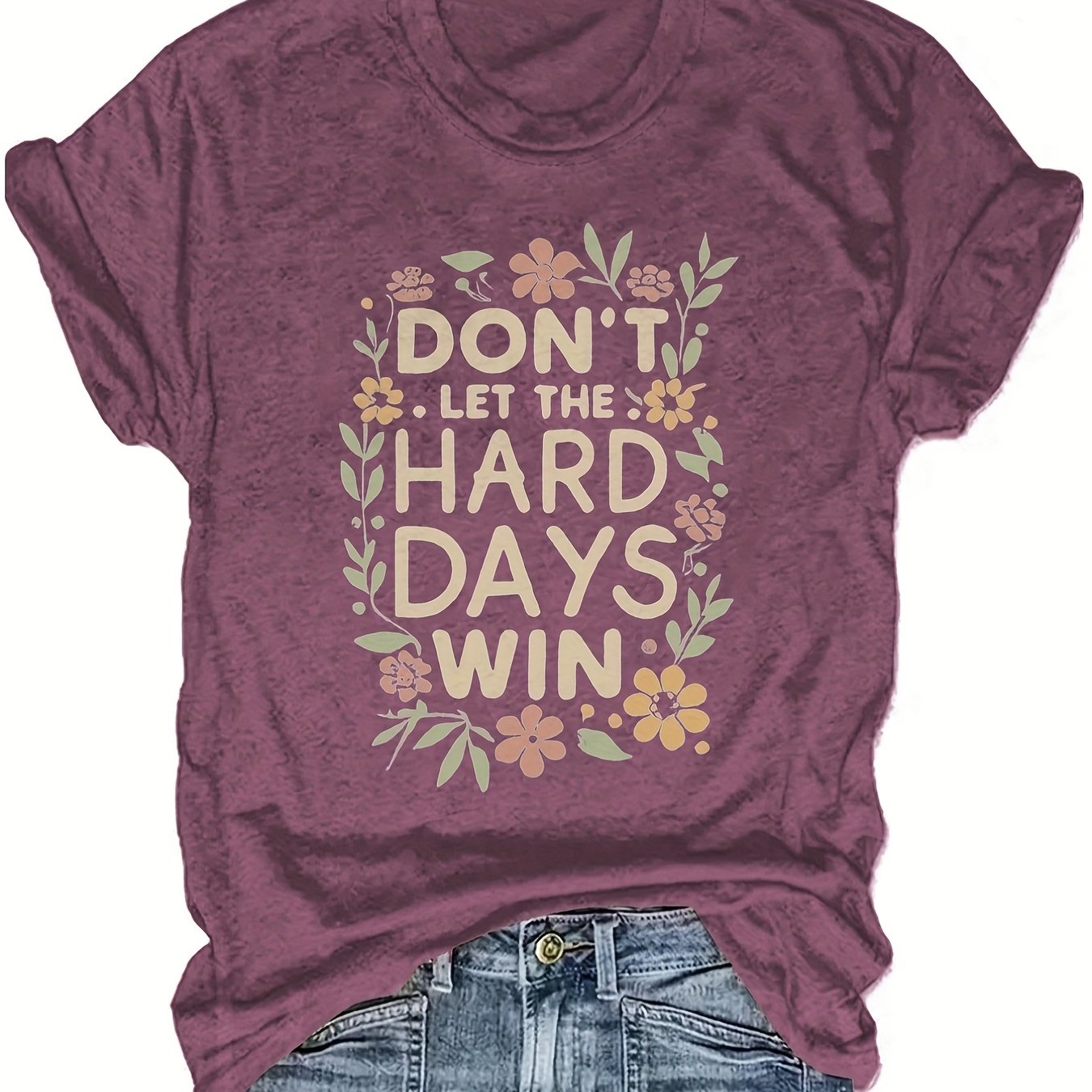 TEMU Don't Let Days Win Printed Plus Size Women's T-shirt - Empowering Motivational Short Sleeve Round Neck Blouse, Machine Washable Comfortable