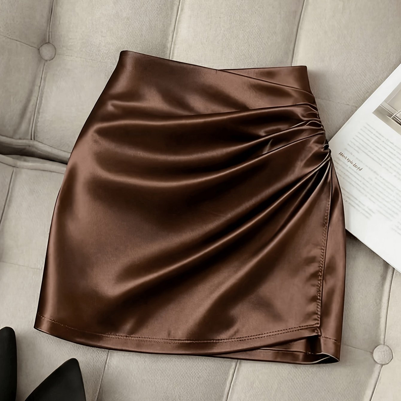 TEMU Fashionable New Satin Asymmetrical Skirt, Spring -waist Fitted Tight Sexy Women's Elegant Midi Skirt