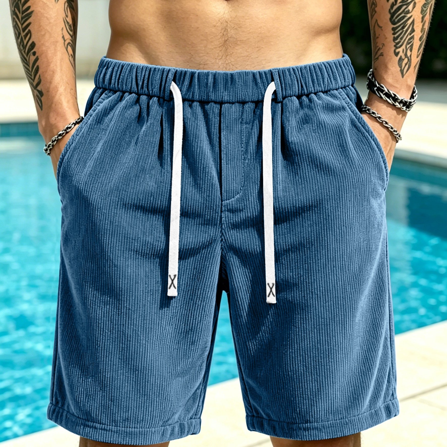 TEMU Men' Luxury Corduroy Casual Short Trousers - Drawstring Waist Design - Loose Fit, Spring/summer Casual Shorts, Suitable For Daily Wear, Hiking,