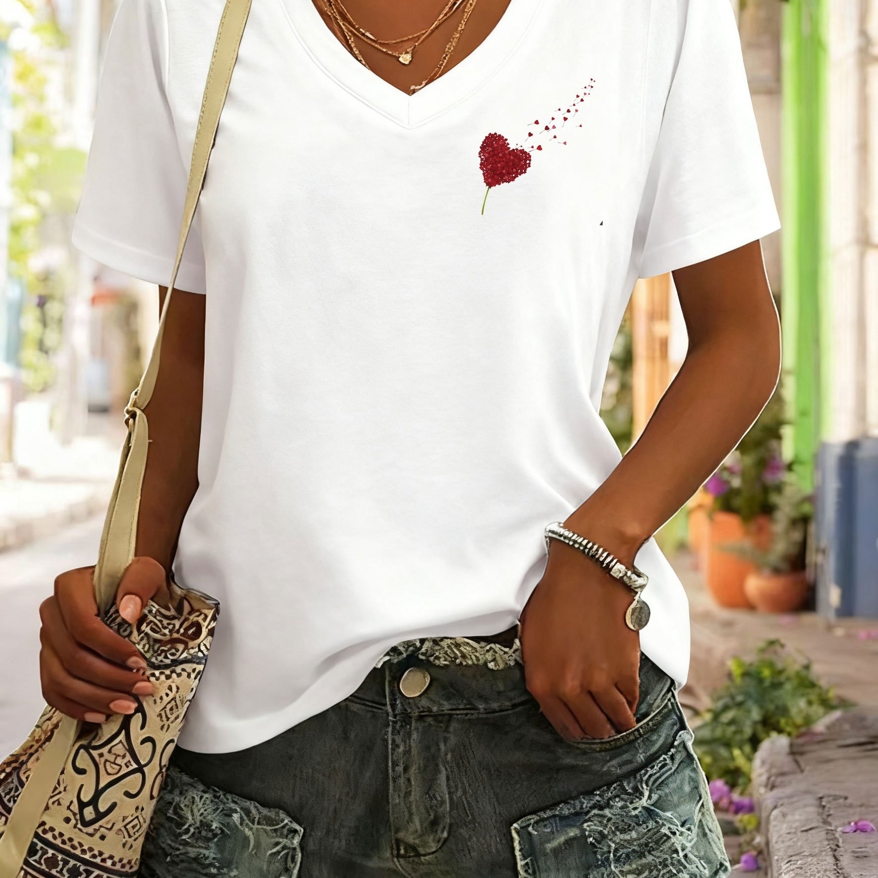 Plus Size - Plus Size - Western Fashion Style - V-neck White Short Sleeve T-shirt With Red Dandelion - Made From Soft Comfortable Stretch Fabric - Suitable For Spring Summer Fall