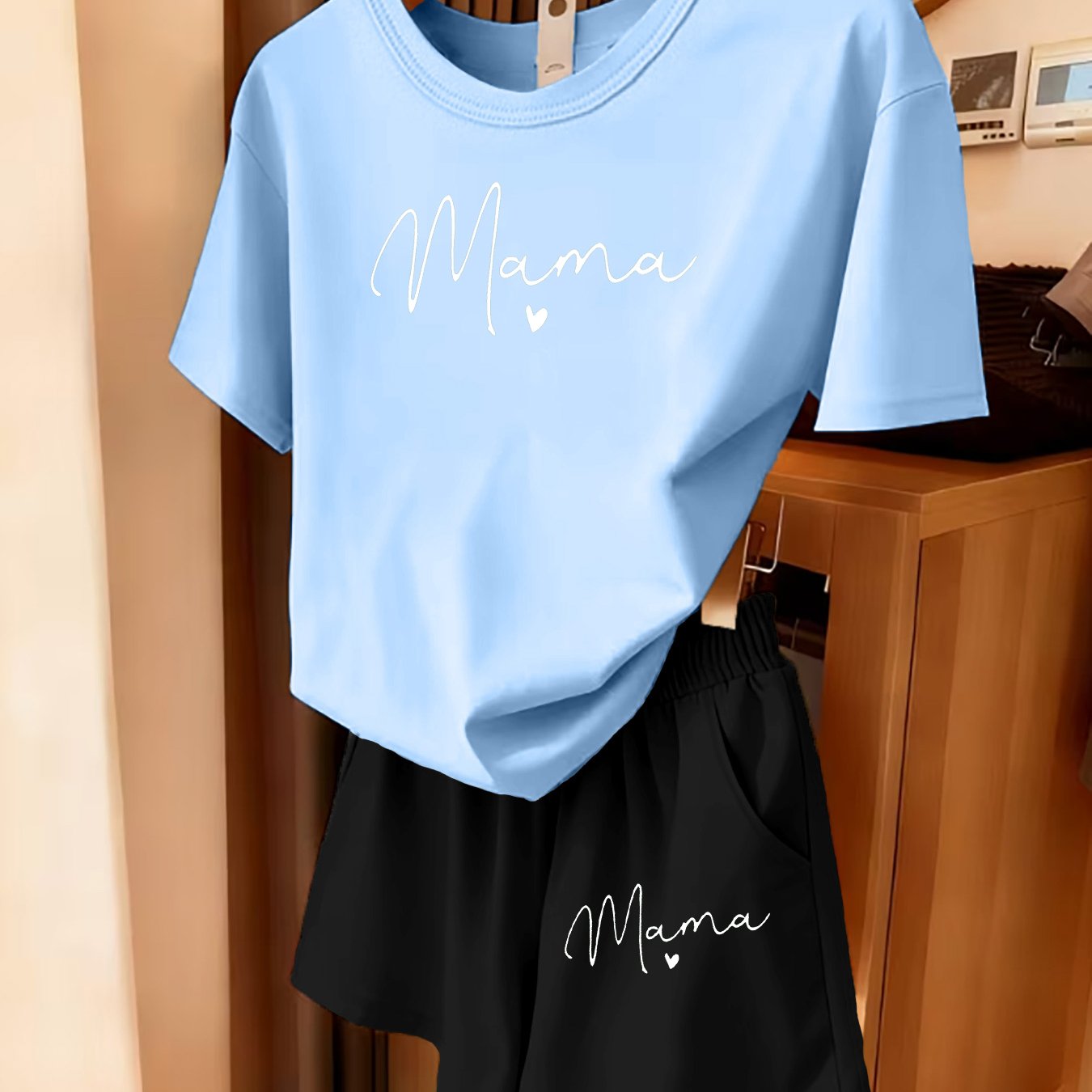 TEMU 2pcs Women's Spring Short-sleeve Setâmama Letter Heart Print, Fun Pattern Print Short-sleeve Shorts Set, Comfortable, Soft, And Breathable For