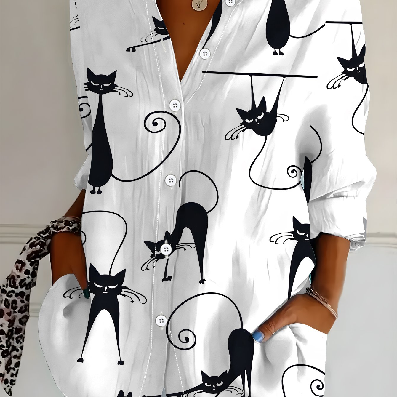 TEMU Plus Size - Women's Long Sleeve Shirt, Cute Cat Print Blouse, ' Printed Shirt, Adorable Kitten Pattern, Women's Floral Shirt, Black And White