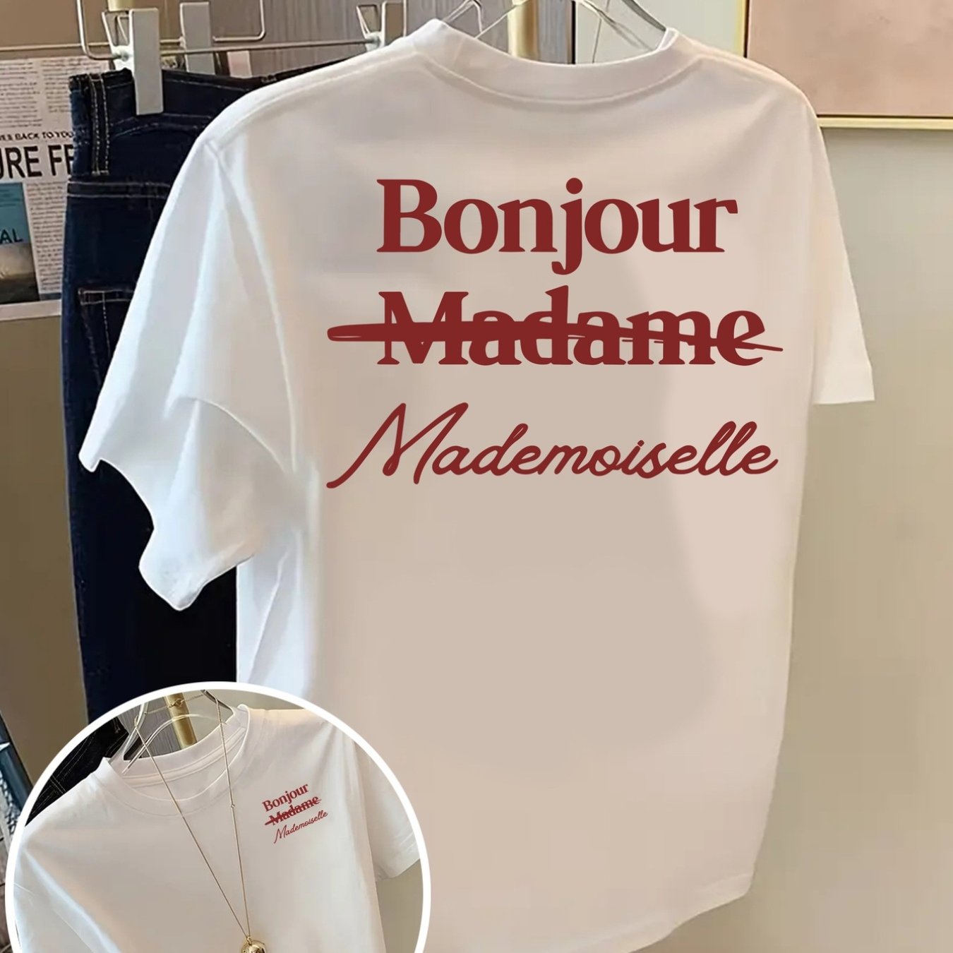 TEMU Front And Back Short Sleeve T-shirt Madame , French Retro Fashion Print Women's Spring And Summer Trendy Print T-shirt, Fashionable And Trendy