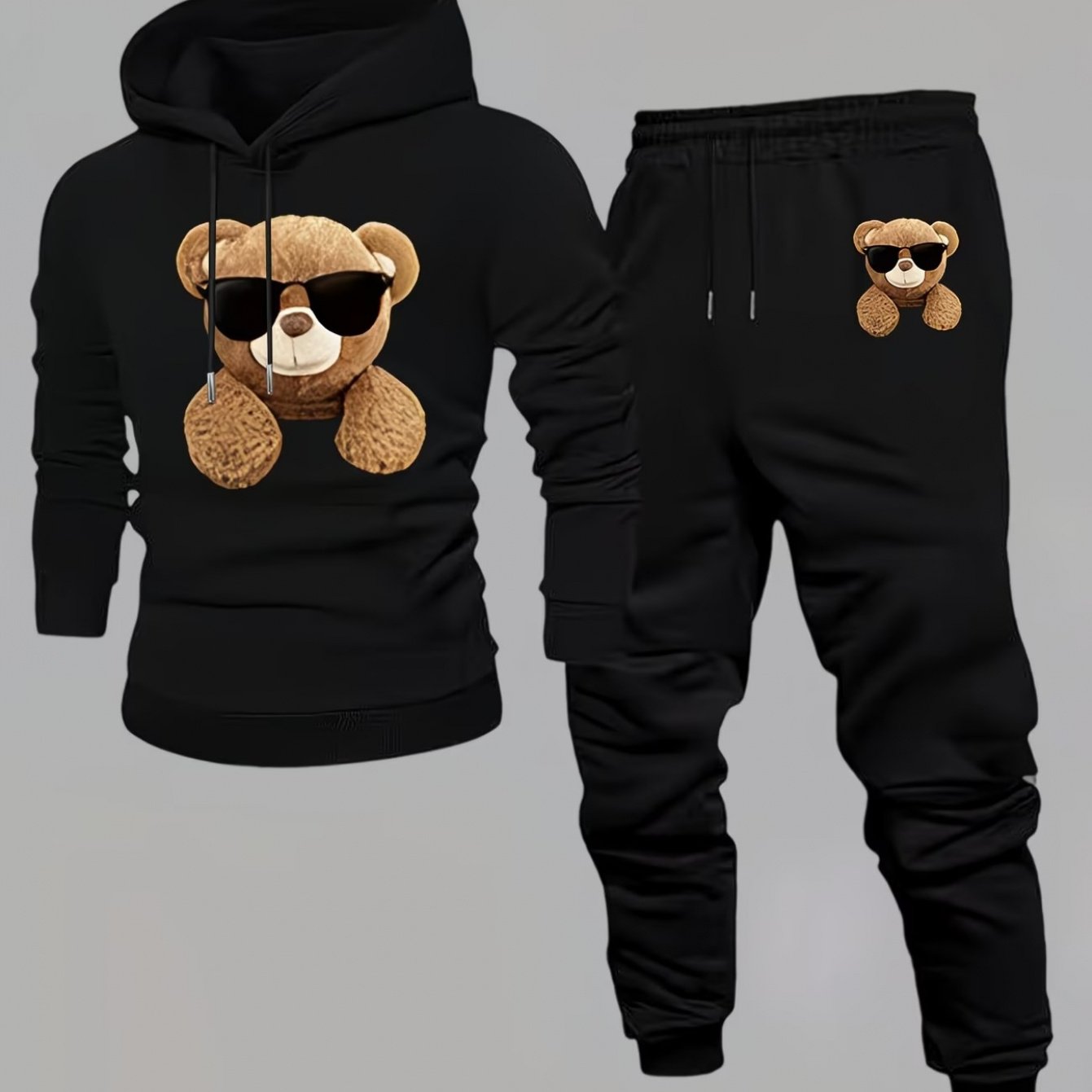 TEMU Men's Sunglasses Plush Teddy Bear Cute Print Black Hoodie And Sweatpants Set