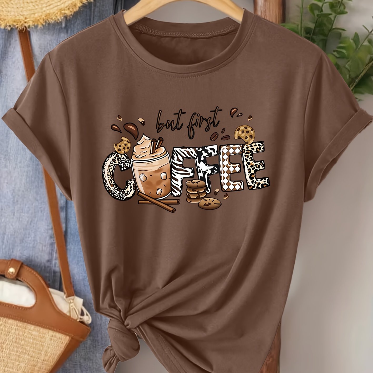 TEMU Women's Elegant Style Short Sleeve, Coffee Theme Printed Round Neck Women's T-shirt, Suitable For Spring, Summer, Autumn, Fashionable Commuting