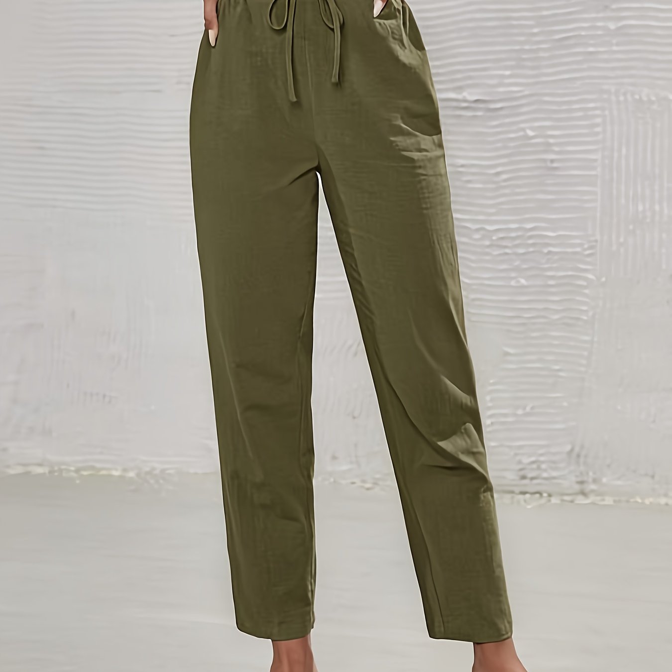 TEMU Green Women's Summer Cropped Casual Pants, Elastic Waist Loose , Breathable Drape Commuter Pants For Petite Figures